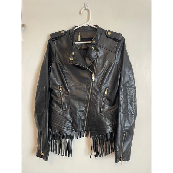 Steve Madden cropped black faux leather moto jacket fringe pockets logo medium - Picture 2 of 12
